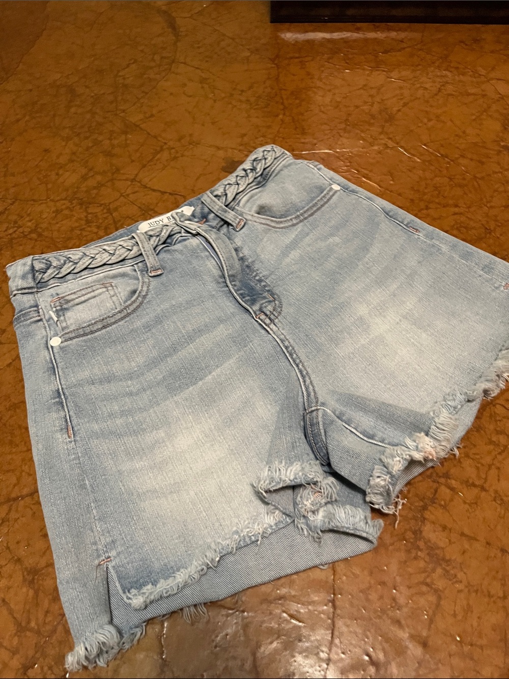 Judy Blue Faded Light Blue Braided-Waist Denim Shorts Sz Small